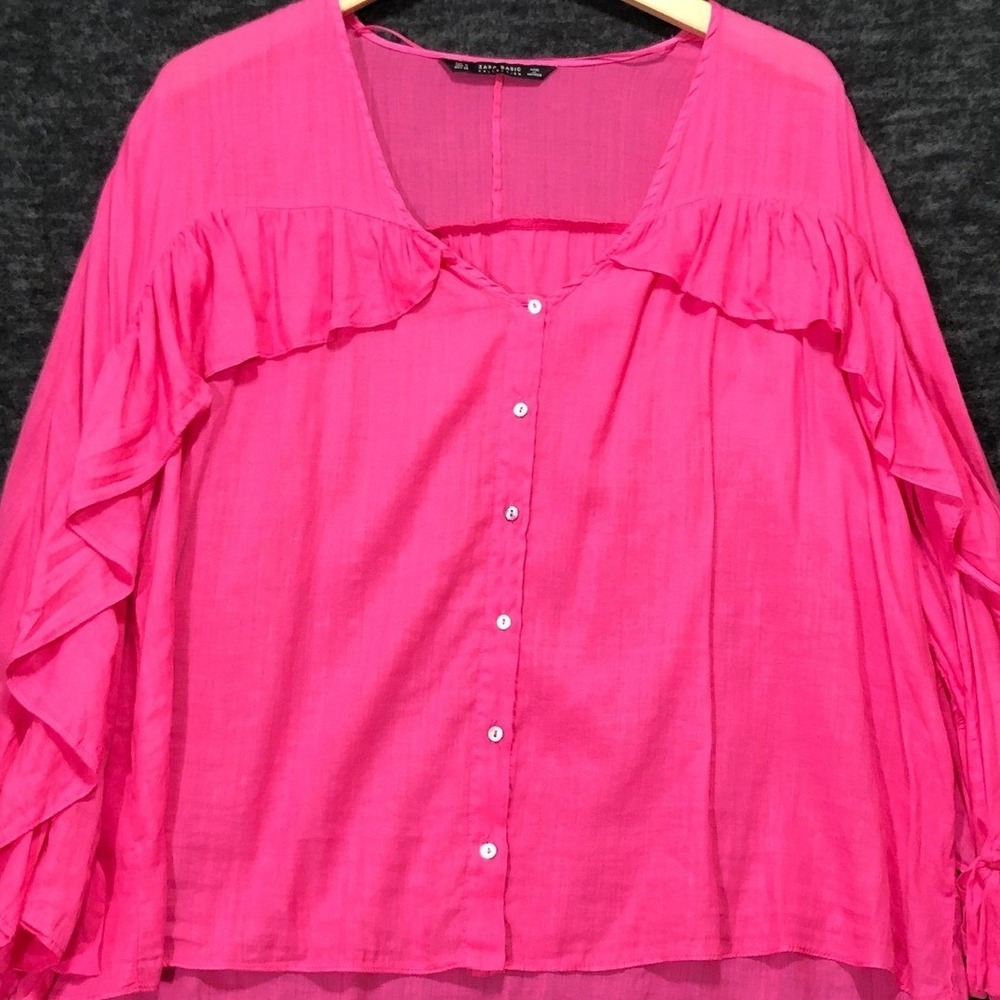 Zara Basic Hot Pink Ruffle Button Down Blouse Long Sleeve Tie Cuff Medium